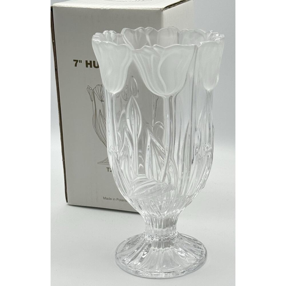 Block Lead Crystal Frosted Tulip Hurricane Vase Poland Pedestal Candle Holder